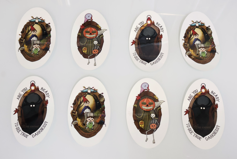 OTGW Framed Stickers including The Beast, Lost in the Woods, and Pottsfield stickers.